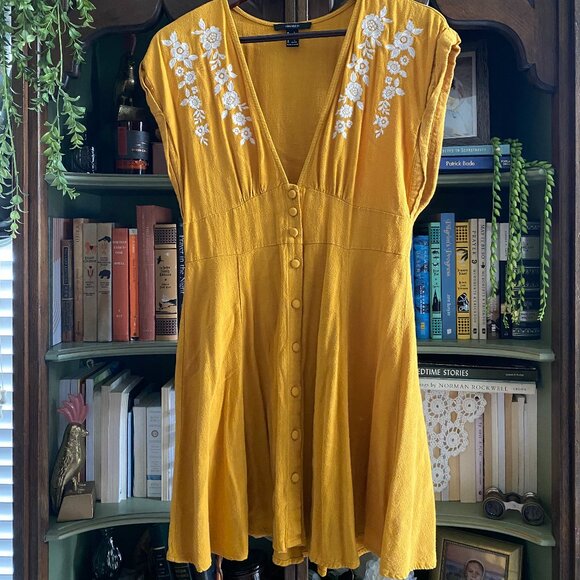 Forever 21 Dresses & Skirts - Forever 21 Mustard Yellow Embroidered Button-Front Mini Dress Size L